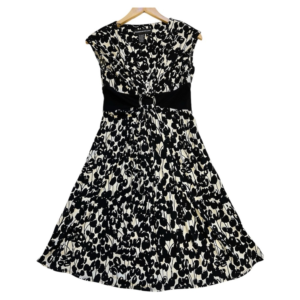 DONNA MORGAN dress stretch fabric high waist a-line black white print sz 4